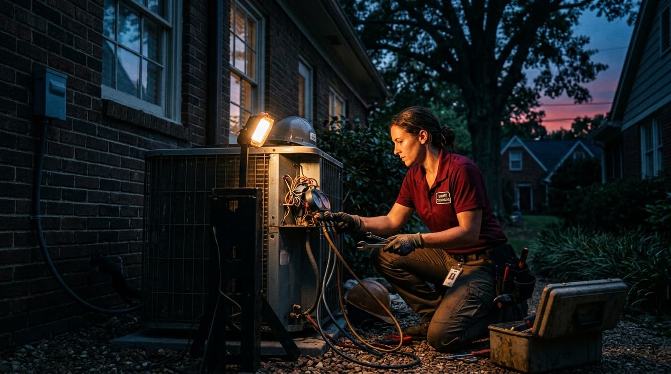 Emergency AC repair technician servicing a unit in Birmingham Alabama