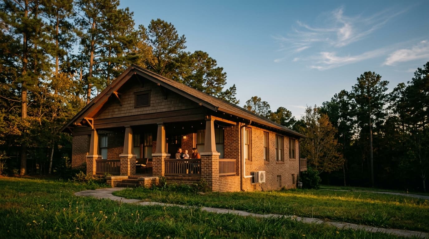 Craftsman home in Birmingham's east corridor with ductless mini-split visible at golden hour