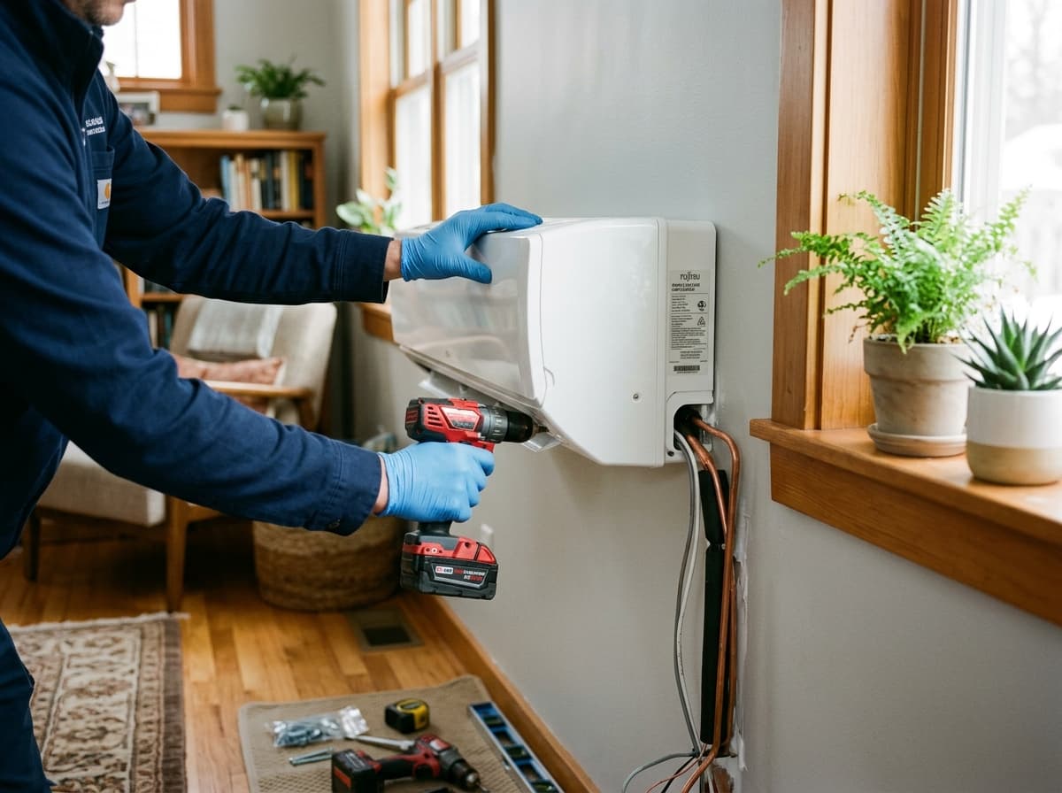 Technician mounting a Fujitsu ductless mini-split head unit in a Birmingham home interior