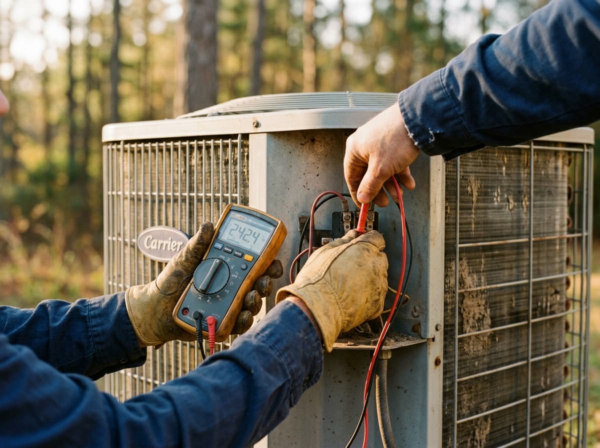 HVAC technician testing a Carrier condenser with a multimeter in Birmingham Alabama