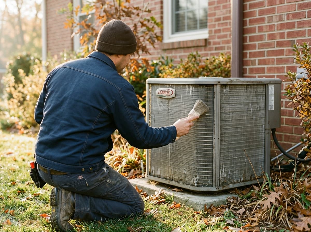 HVAC technician brushing coil fins on an outdoor Lennox condenser during preventive maintenance