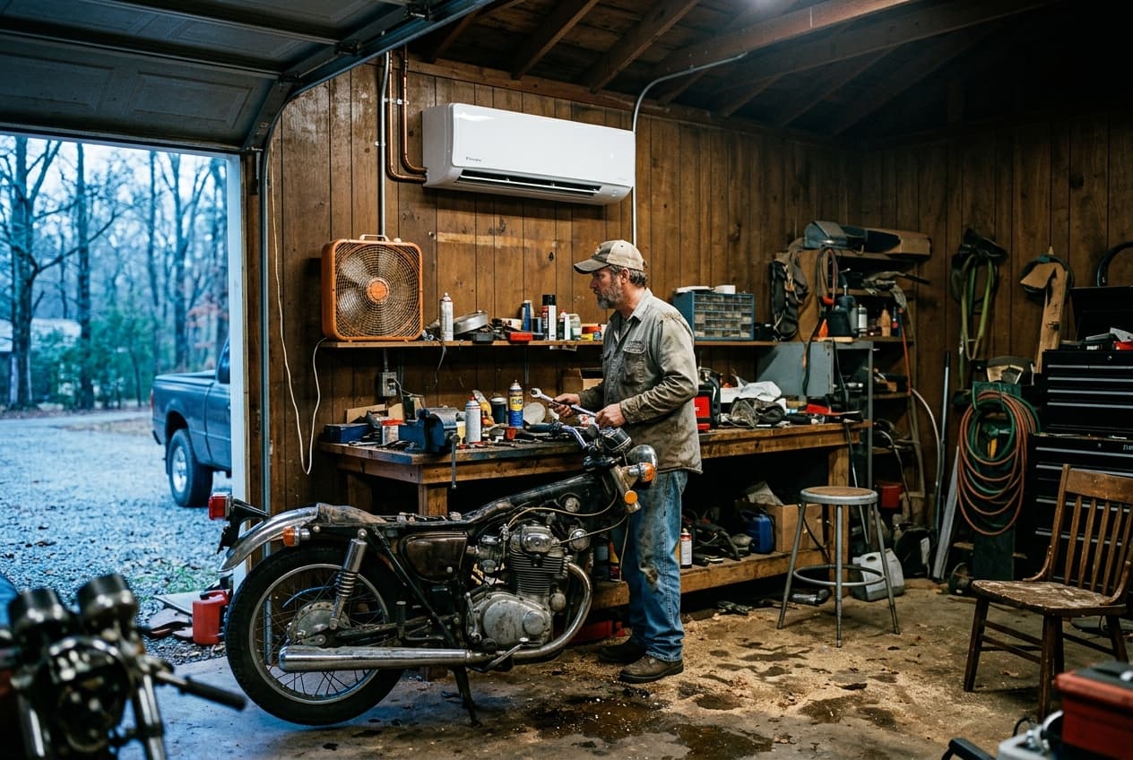 Ductless mini-split mounted in an Alabama garage workshop