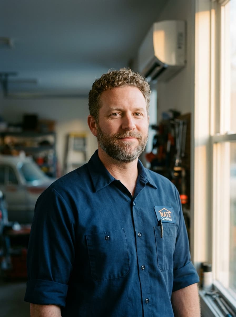 NATE-certified HVAC technician with a ductless unit visible in background, Birmingham Alabama